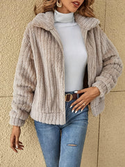 Zip Front Plush Coat Long Sleeve for Fall & Winter