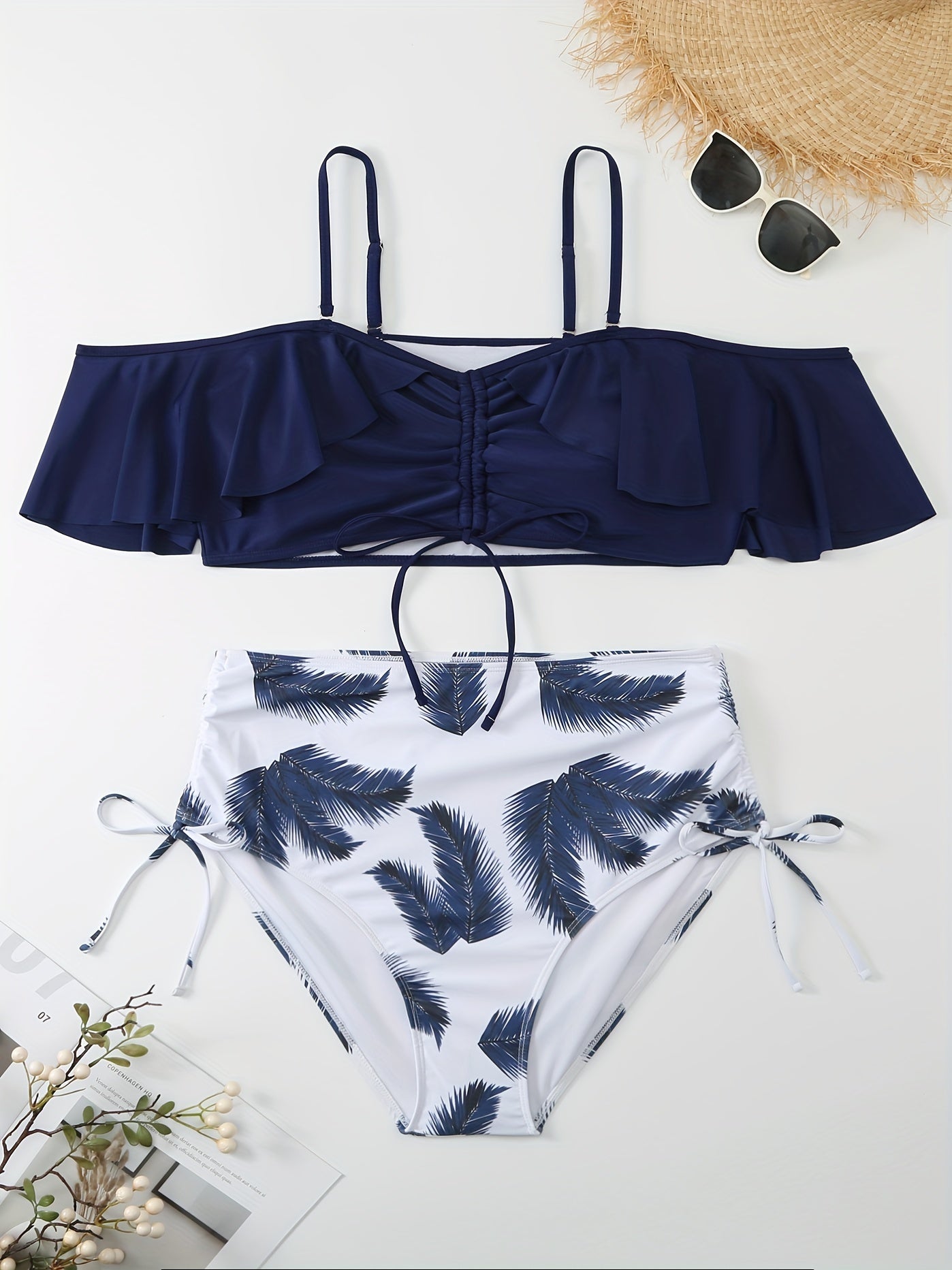 Colorblock Tropical Print Drawstring Bikini Set