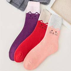 6 Pairs Cartoon Cat Print Socks Women's Stockings & Hosiery