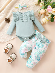 Baby 3pcs Outfits Floral leopard Pants & Ruffle Romper Set
