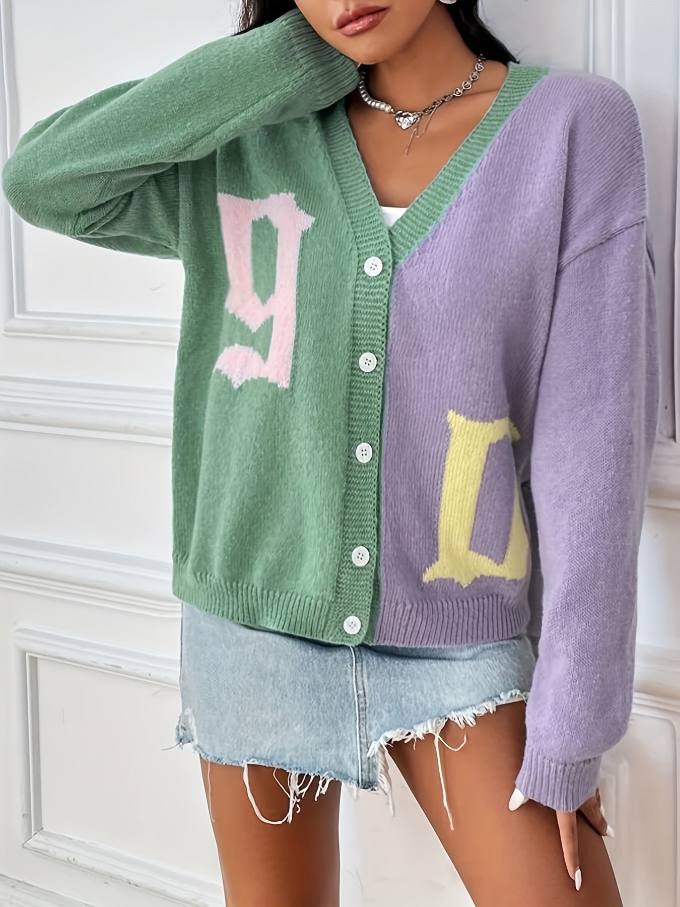 Letter Pattern Knit Cardigan Button Front Sweater