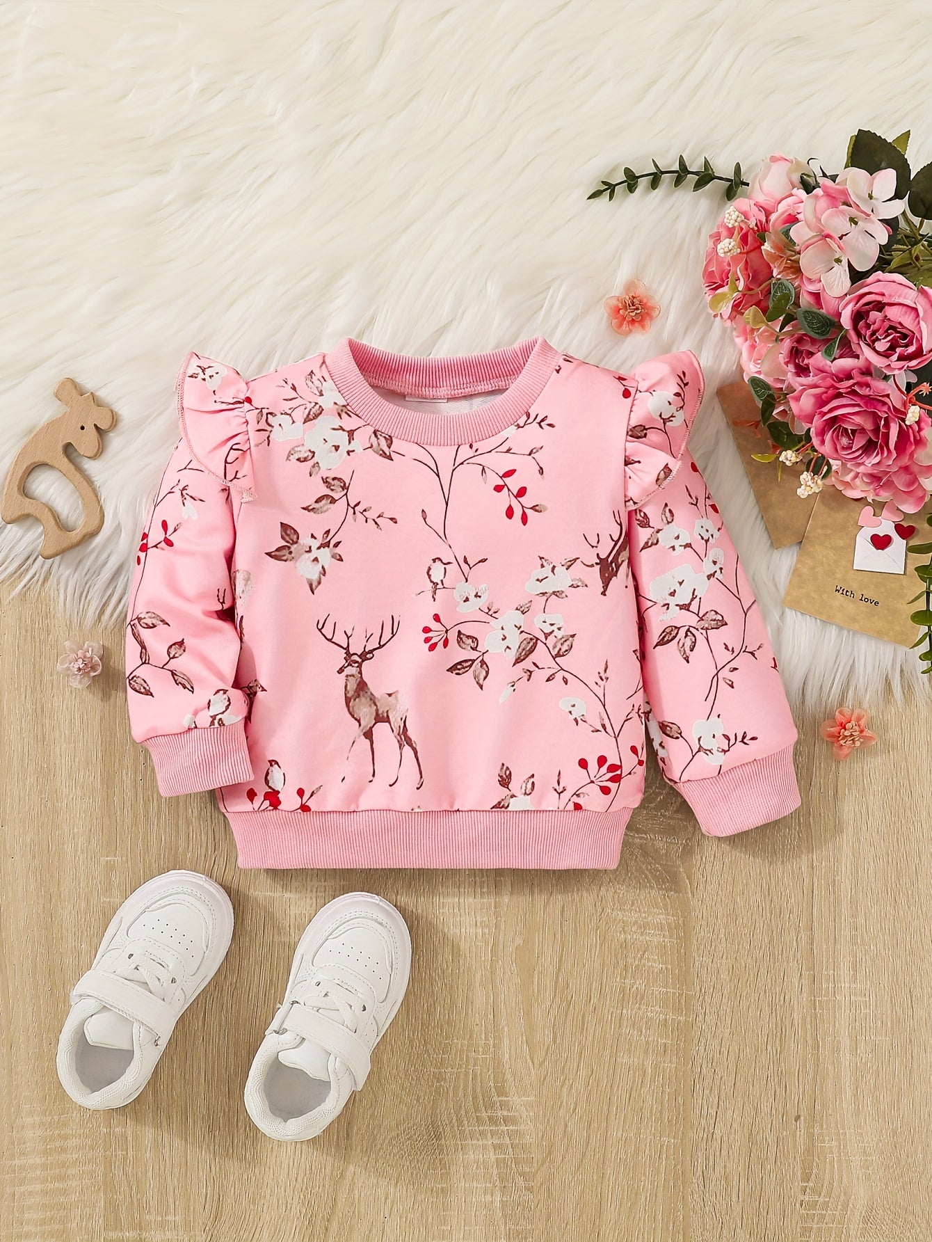 Baby Girls Fawn Floral Print Ribbed Flutter Sleeve Pullover Round Neck Tops