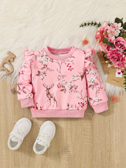 Baby Girls Fawn Floral Print Ribbed Flutter Sleeve Pullover Round Neck Tops