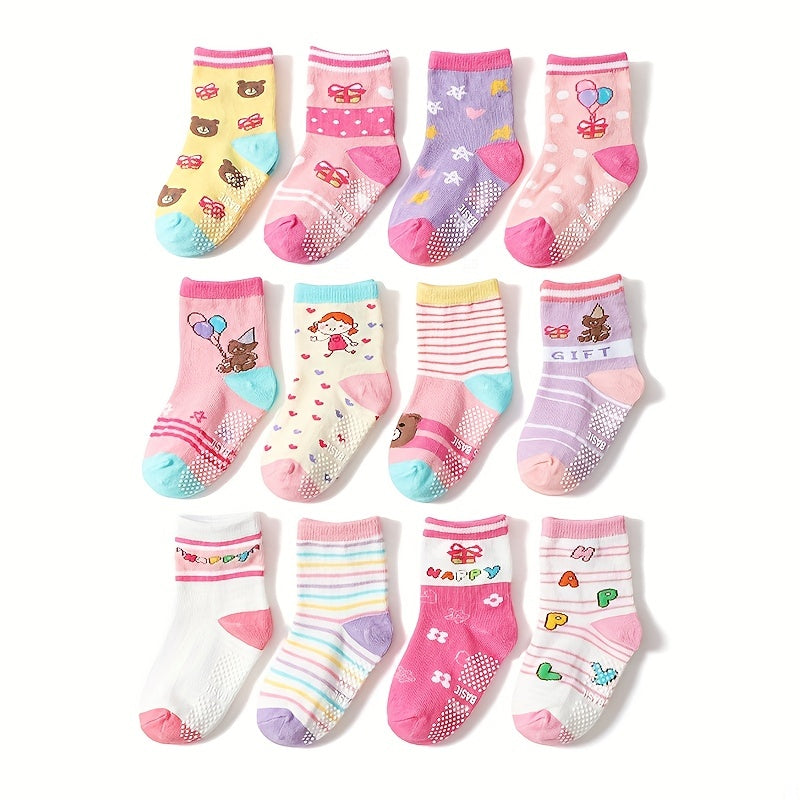 12 Pairs Girls Cartoon Knit Socks Soft Cotton Crew Socks Children's Accessories