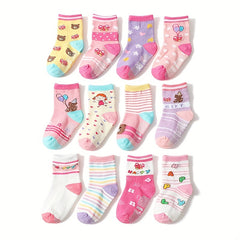 12 Pairs Girls Cartoon Knit Socks Soft Cotton Crew Socks Children's Accessories