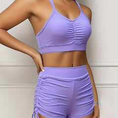 Solid V Neck Ruched Bikini Set Spaghetti Straps High Waist Boxer Short Swimsuit