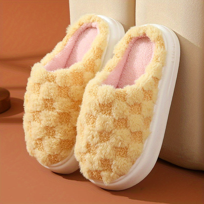 Women's Plaid Pattern Slippers Slip On Round Toe Non slip Home Fluffy Slides Sho