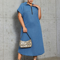 Denim Polo Neck Maxi Dress with Pockets