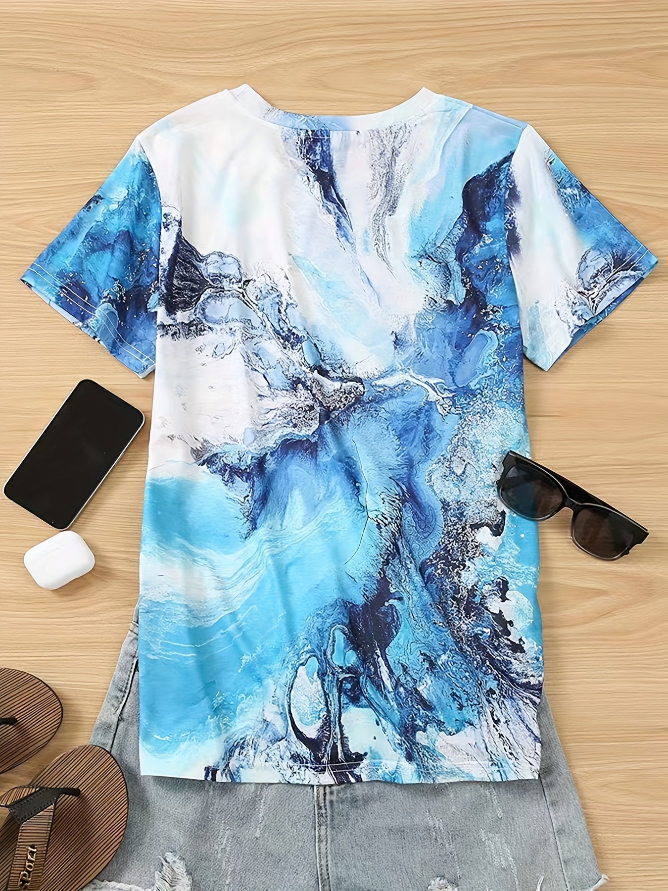 Marble Print Round Neck Casual T-shirt