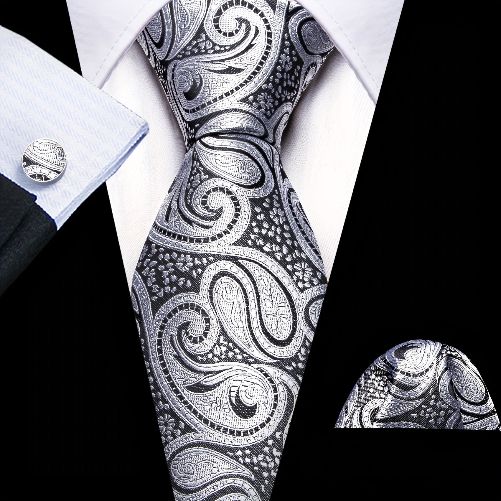 Barry Wang Men's Silver Grey Paisley Necktie Set