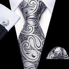 Barry Wang Men's Silver Grey Paisley Necktie Set