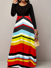Colorblock Stripe Maxi Dress Long Sleeve Round Neck