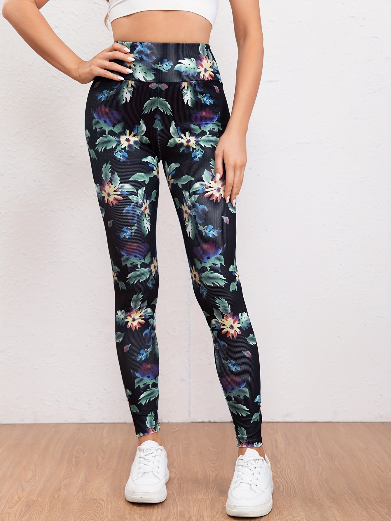 Flower Print Yoga Workout Pants High Stretch Running Sports Fitness Leggings