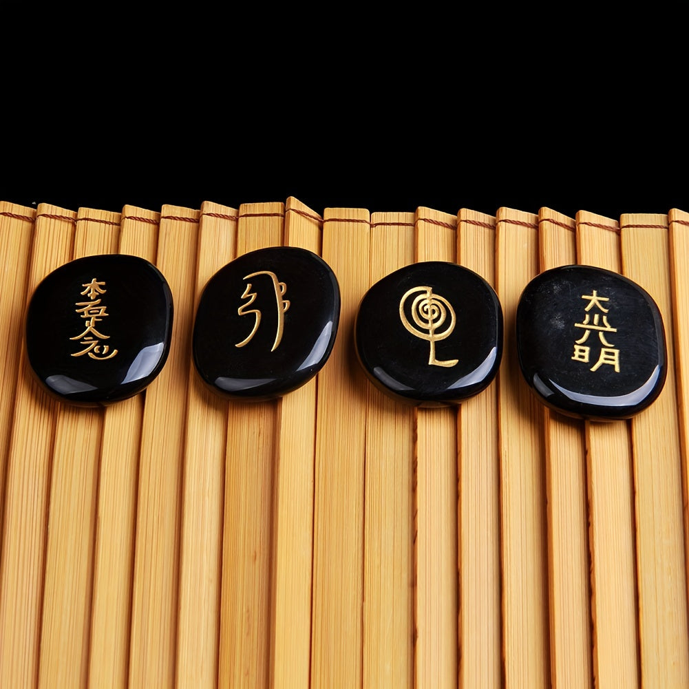 4Pcs Natural Crystal Engraved Chakra Symbols Palm Stones for Reiki Ornaments