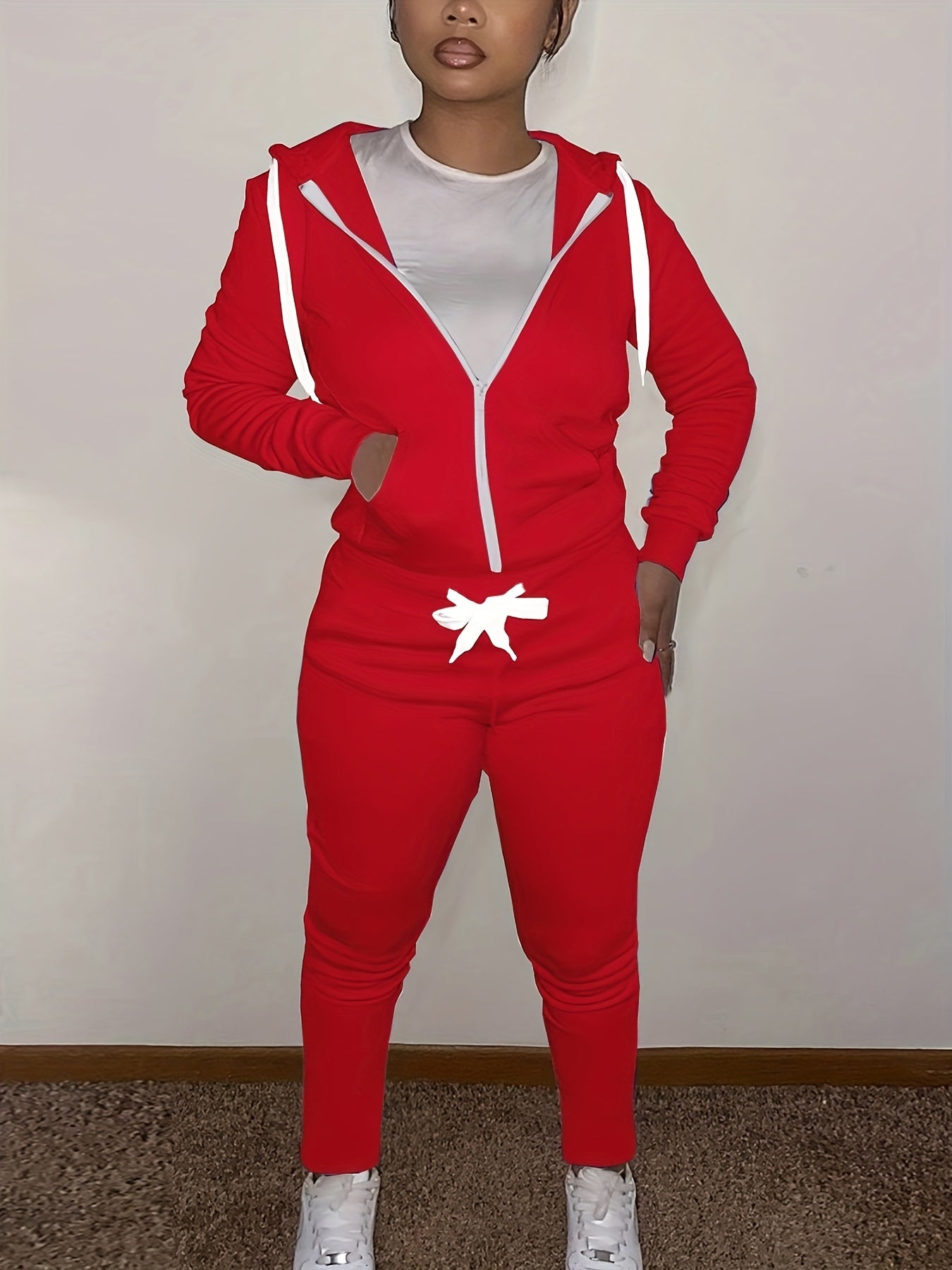 Sporty Outfit Set Women Solid Long Sleeve Zipper Front