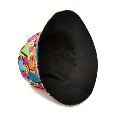 Cartoon Graffiti Print Bucket Hat Hip Hop Geometric Block Reversible Sun Hat