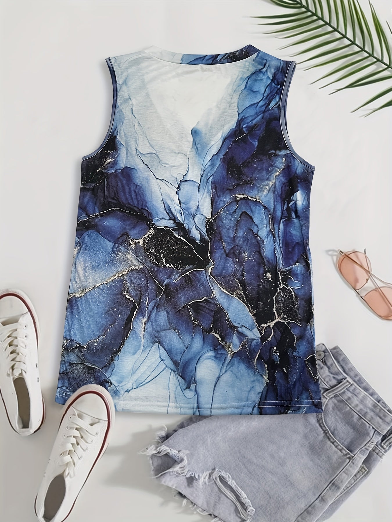Marble Print V Neck Tank Top Summer Sleeveless Casual Top