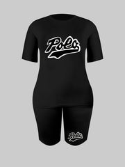 Letter Print Tee & Biker Shorts Set Women's High Stretch 2pcs Outfit