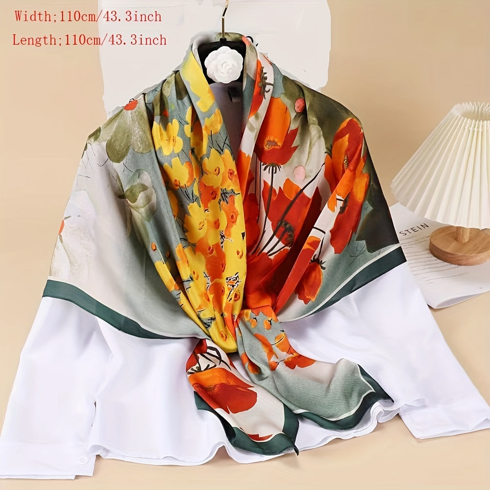 Flower Print Bandana Block Square Scarf Satin Shawl Women Windproof Head Wrap