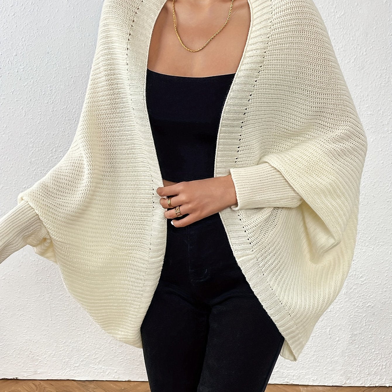 Batwing Sleeve Knit Cardigan Open Front Solid Sweater