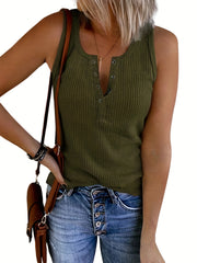 Ribbed Button Tank Top Sleeveless V Neck Casual Top