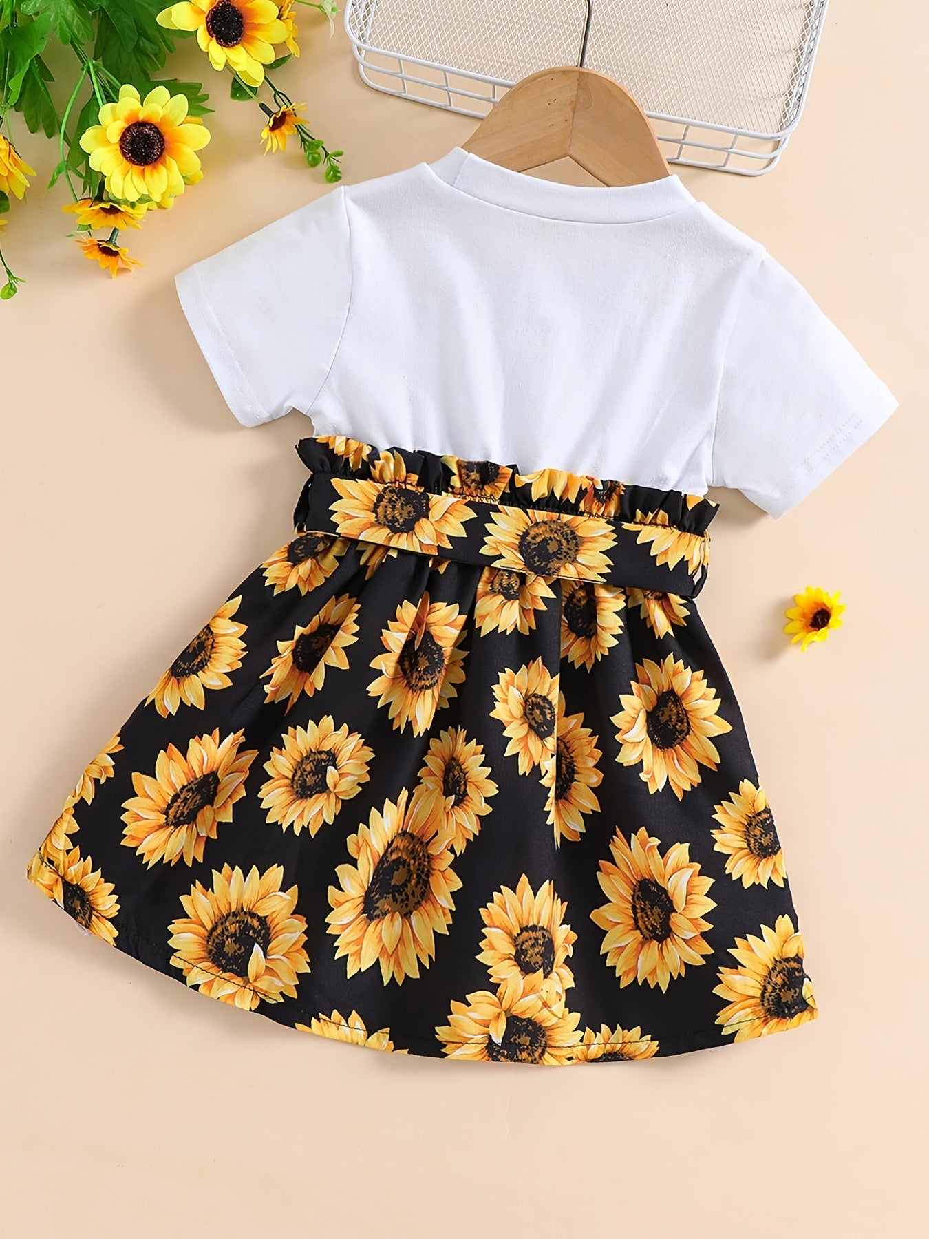 Baby Girls Sunflower Graphic Print Dress with Belt