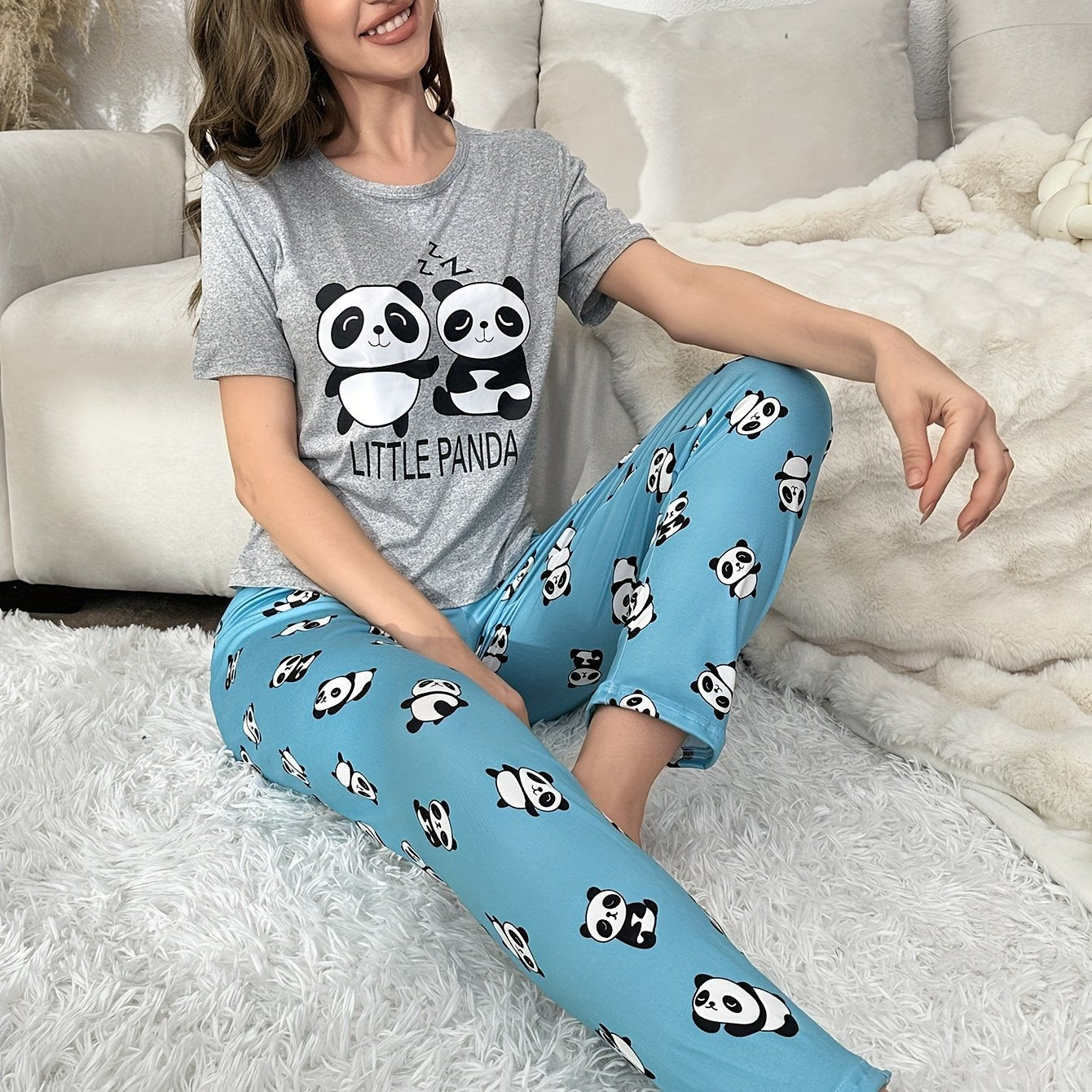 Panda Print Pajama Set Short Sleeve Top & Pants