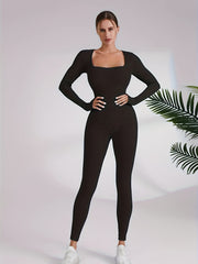 Long Sleeve Yoga Bodysuit Square Neck Jumpsuit