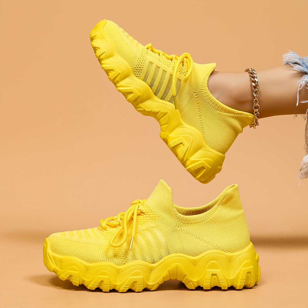 Soft Thick Sole Shock Absorption Flying Woven Sneakers Mesh Breathable
