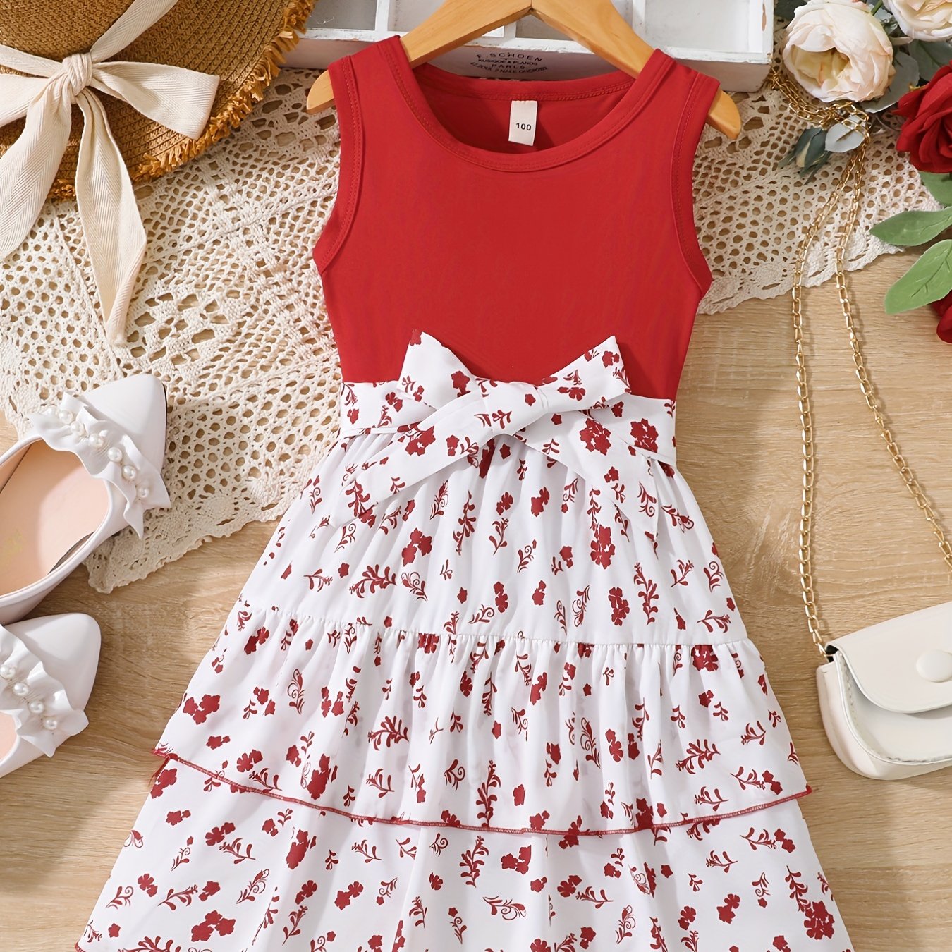 Girls' Holiday Party Dress with Belt, Sleeveless Floral Casual