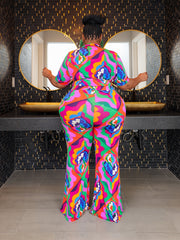 Women's Plus Floral Print Ruched Front Shirt & Pants Set