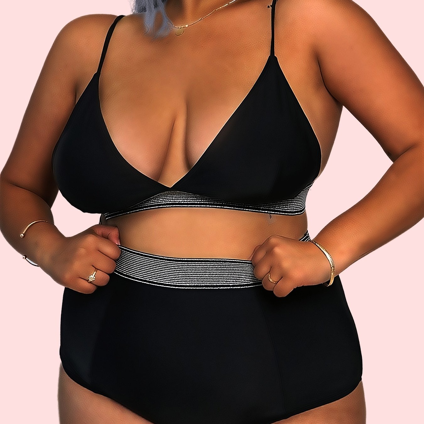 Colorblock High Waist Bikini Set Plus Size Women's Swimsuit