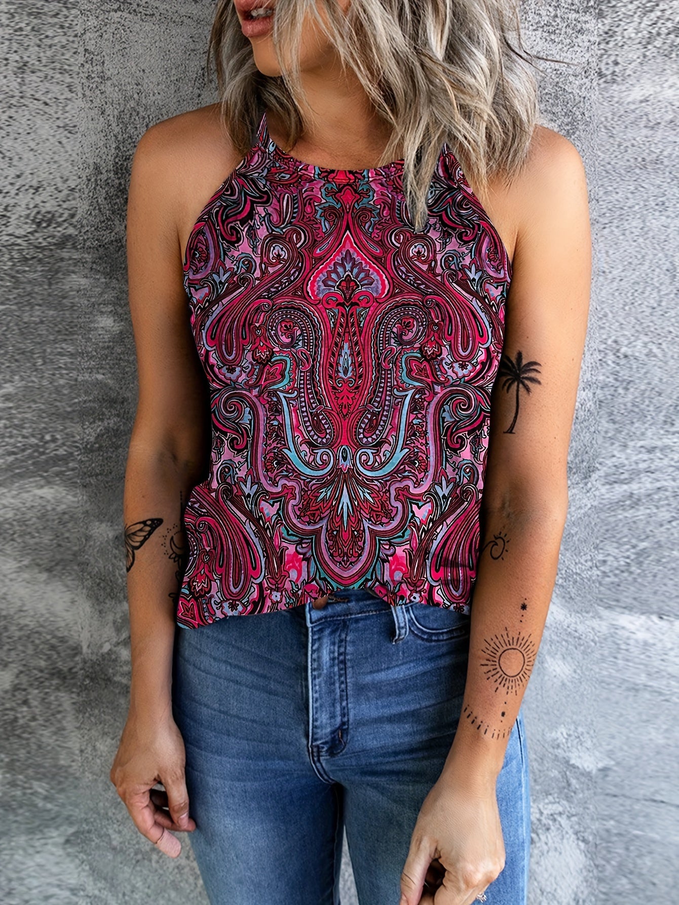 Ethnic Print Sleeveless Top Casual Crew Neck Summer Top