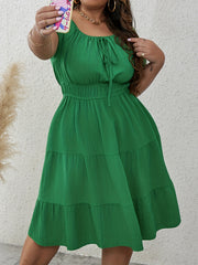 Solid Crinkle Knot Sleeve Square Neck Smock Dress