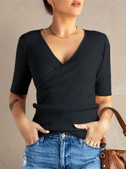 Surplice Neck Ribbed Knit Short Sleeve Sweater