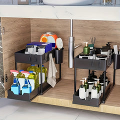2 Tier Sliding Cabinet Basket Organizer - Under Sink Storage