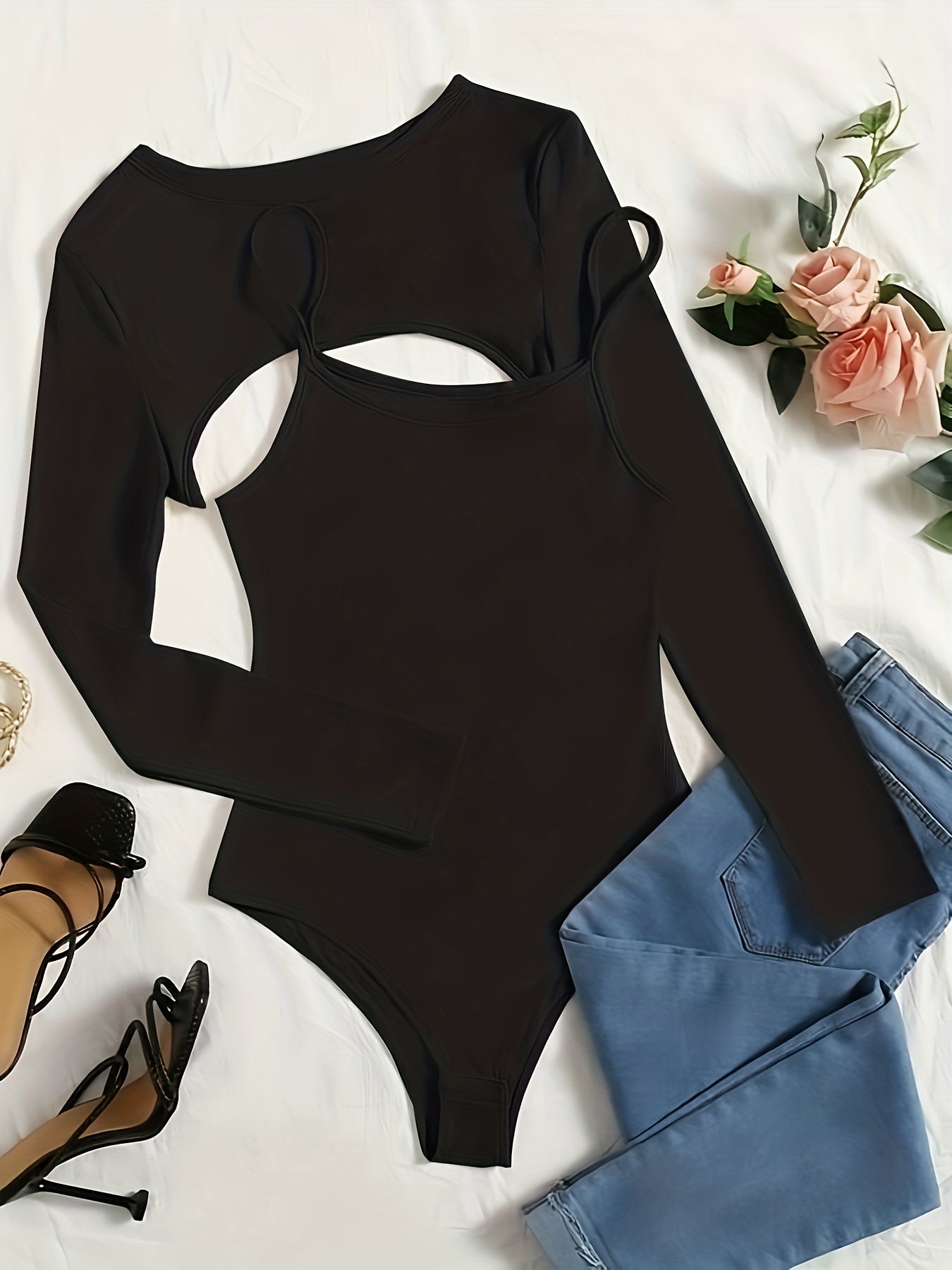 Women's Solid Ribbed Cami Bodysuit & Crop Top Outfit