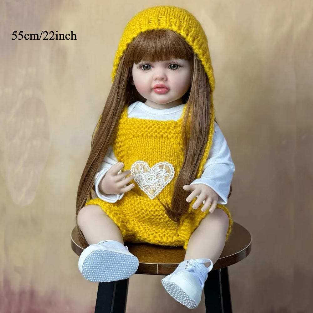 22in Lifelike Reborn Doll Girl Long Hair Yellow Hoodie Lace Heart Patch