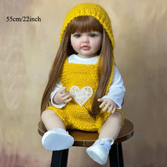 22in Lifelike Reborn Doll Girl Long Hair Yellow Hoodie Lace Heart Patch