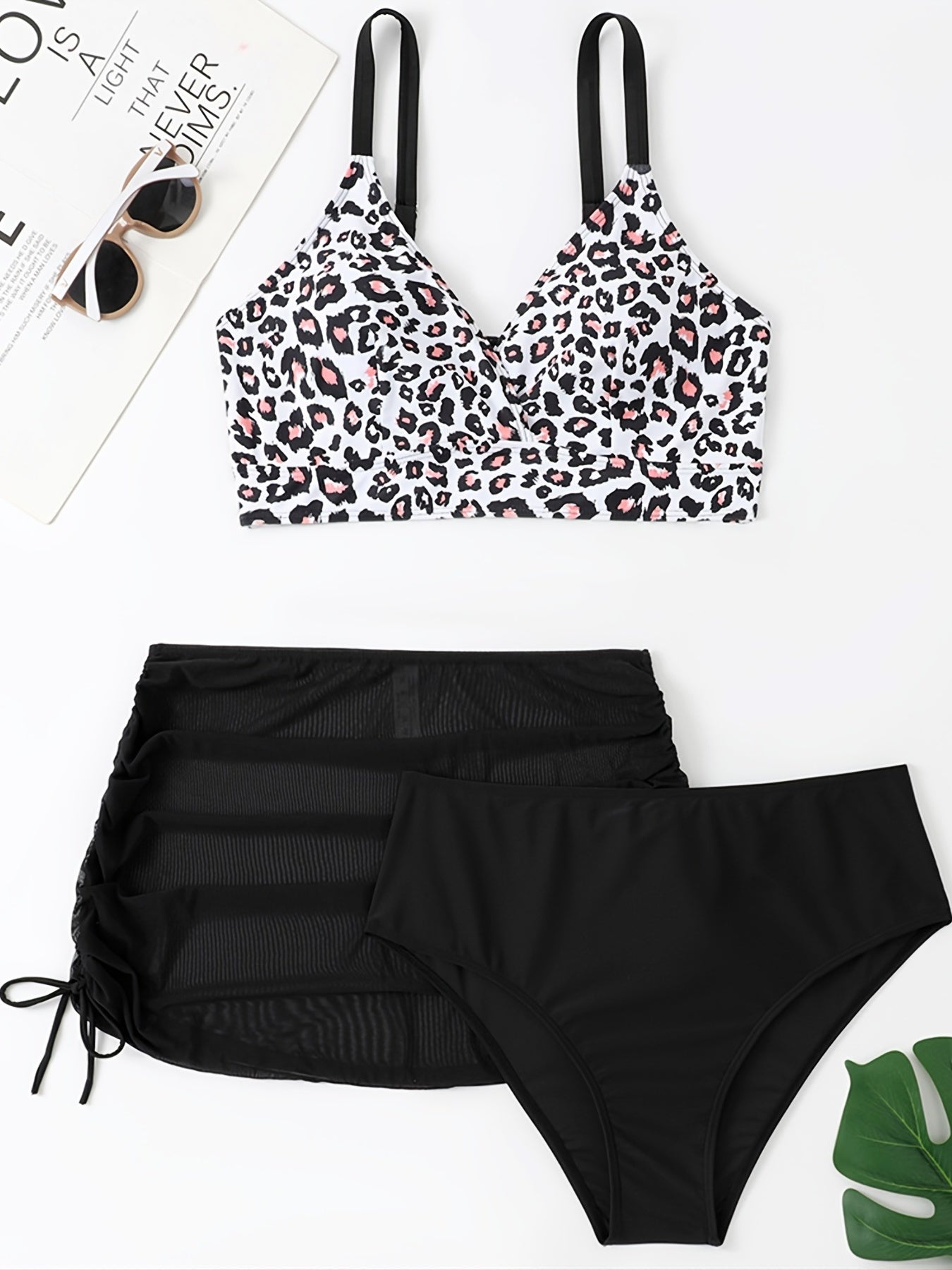 Leopard Print 3pcs Swimsuit Set Plus Size