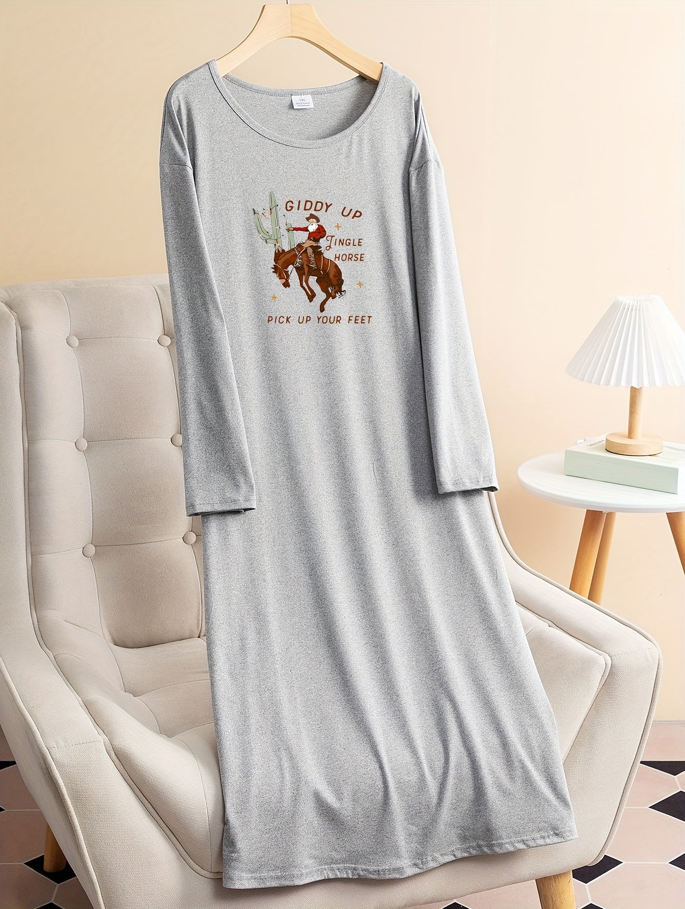 Christmas Lounge Dress Women's Santa & Cactus Print Long Sleeve