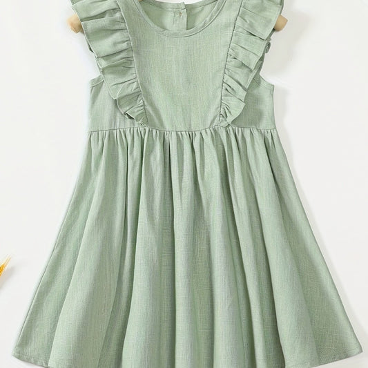 Toddler Girls Sleeveless Pleated Dress Baby Girls Ruffle Trim Casual Dress