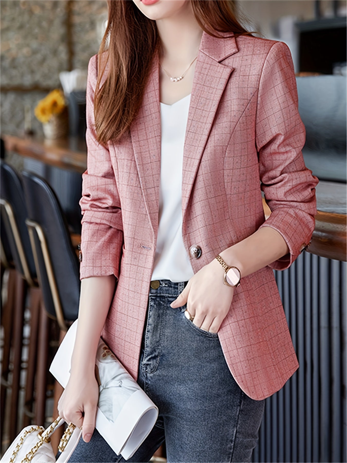 Plaid Pattern Button Front Blazer Lapel Long Sleeve For Office & Work