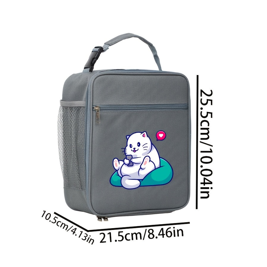Cat Print Bento Bag Insulated Lunch Box Zipper Closure Large Capacity