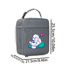 Cat Print Bento Bag Insulated Lunch Box Zipper Closure Large Capacity