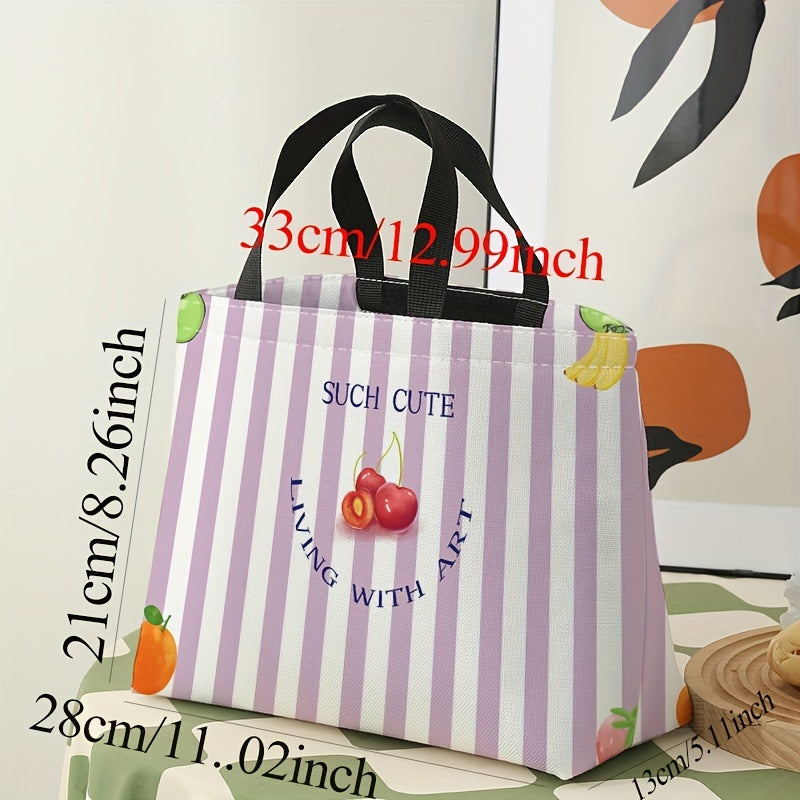 Purple Striped Cherries Lunch Bag Insulated Portable Cooler Bag