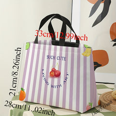 Purple Striped Cherries Lunch Bag Insulated Portable Cooler Bag