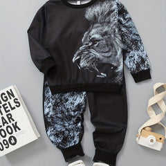 Boys 2pcs Lion Print Sweatshirt & Sweatpants Set for Spring Fall