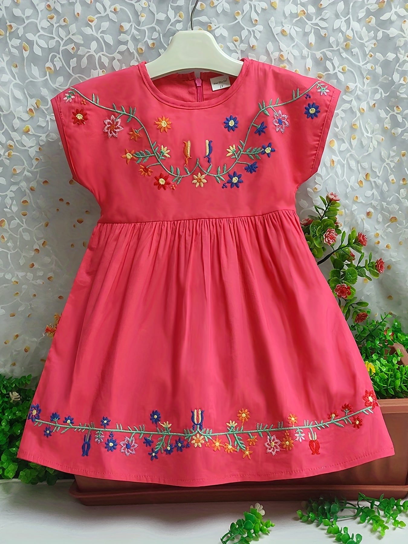 Toddler Girls Flowers Embroidered Batwing Sleeve Cotton Princess Dress