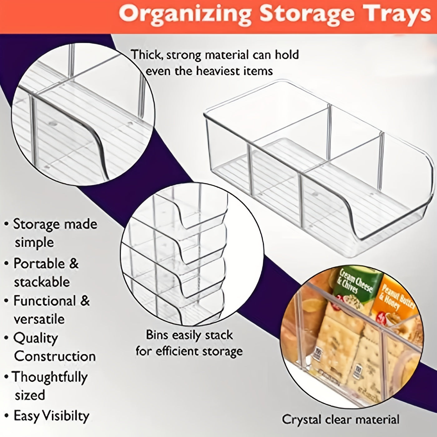 Clear Divided Refrigerator Organizer Bin with Handles